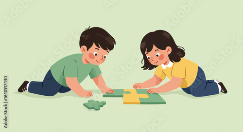 Young children work on puzzle together while on their knees, flat illustration