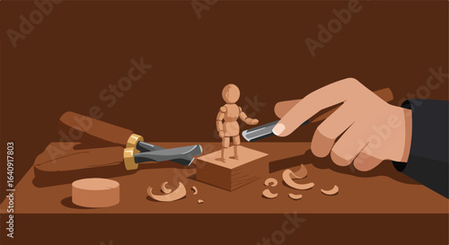 Carving the small figure. Hand with tool, doll figure, shavings, brown background