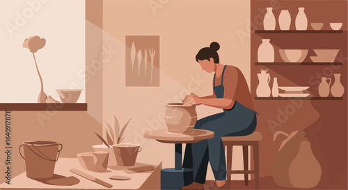 Artist in studio crafts a pot, with pots on shelves.  Flower on window sill