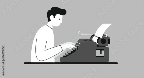 Illustration of a person typing on an old-fashioned machine on a grey background