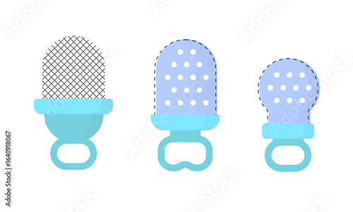 Set of different baby nibblers: with mesh and silicone cap with holes. Cartoon style baby feeders for first contemporary feeding.