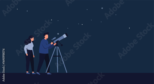 Astronomy enthusiasts stargazing with a telescope, viewing stars in the night sky