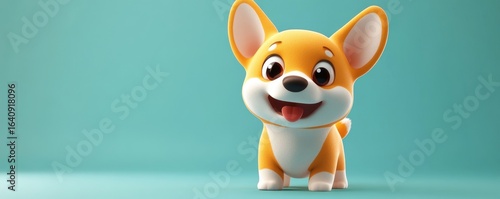 Simple and cute cartoon-style orange corgi puppy, with dot eyes and a red tongue, playfully standing in a minimalistic 3D rendering style, Generative AI