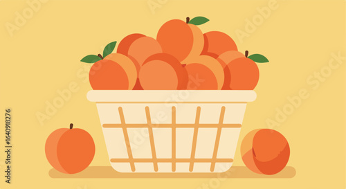 Flat vector illustration of basket full of peaches on light yellow background