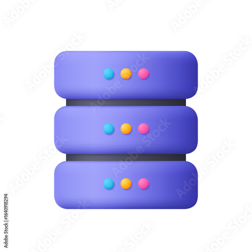 Purple server rack with three stacked units. Data memory and data center. Data storage, cloud computing, or web hosting concept. 3d vector icon. Cartoon minimal style.