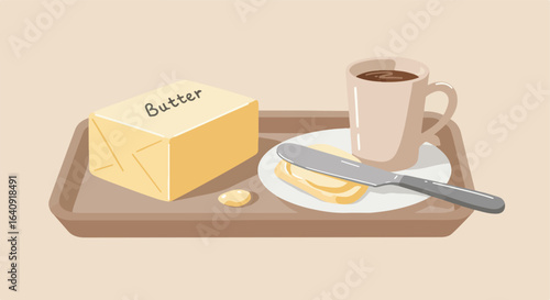 Morning delight with block butter, slice, coffee and knife, all served on a brown tray