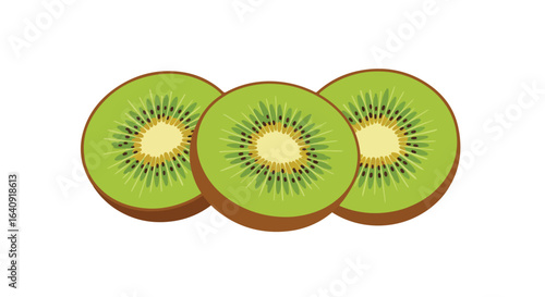 Three ripe kiwi slices, vibrant green flesh and tiny black seeds, on white
