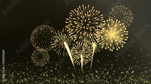 Bright golden fireworks burst in night sky with glowing trails, isolated on a transparent background for festive designs or celebrations. Vector illustration
