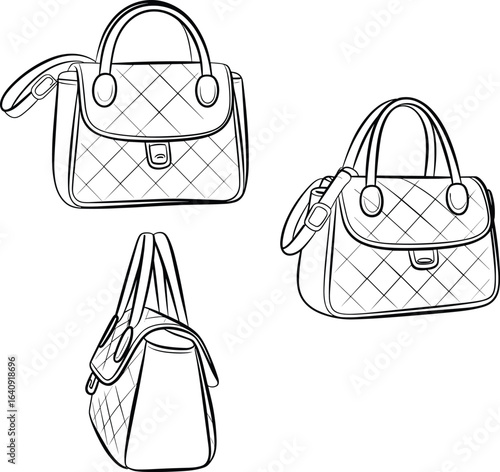 Handbag front, side, three quarter view, quilted pattern, flap closure, top handle, clasp detail, cad drawing flat vector illustration