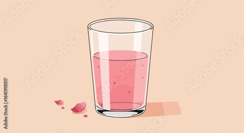 A pink drink in a clear glass with petals is resting on an peach-colored surface