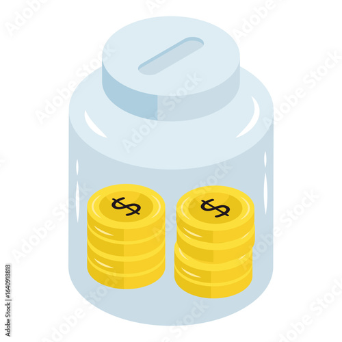 Dollar insider glass bottle, isometric design of money jar
