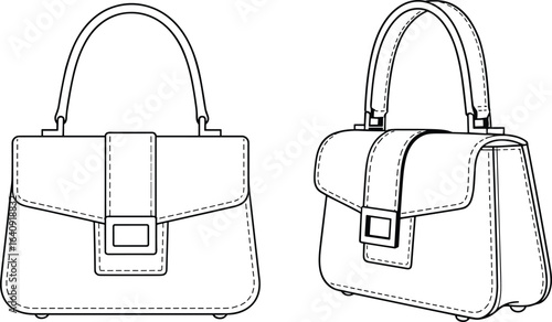 Handbag front, angled view, flap closure, rectangular buckle, stitching detail, handle design, cad drawing flat vector illustration, fashion accessory