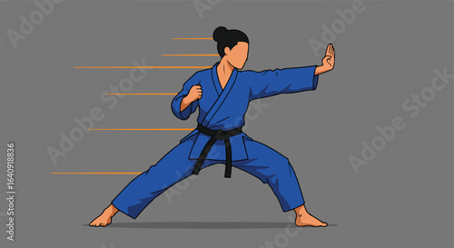 Person in blue gi with black belt practicing martial arts, facing sideways with movement lines