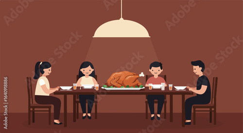 Family gathered for a feast with a roasted turkey on a long table, under a lamp