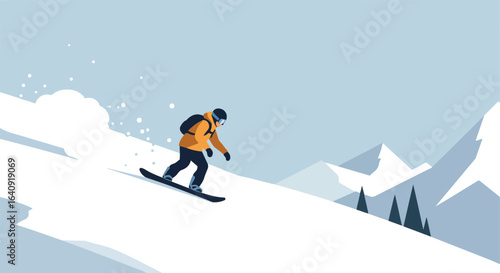 Snowboarder speeding downhill with mountain landscape. Vector illustration