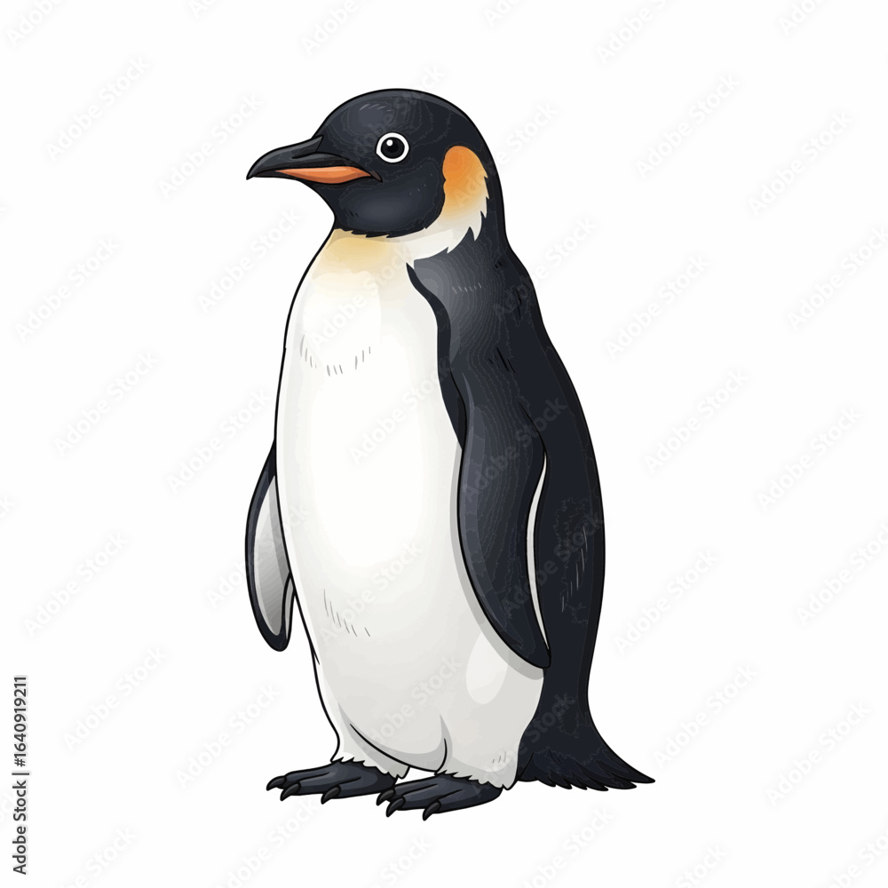 Obraz premium Realistic illustration of an emperor penguin standing upright with black and white feathers and yellow neck markings.