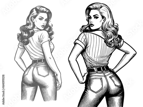 confident woman in cuffed t-shirt and fitted jeans, glancing back with a bold expression sketch engraving generative ai fictional character vector illustration. Scratch board. Black and white image.