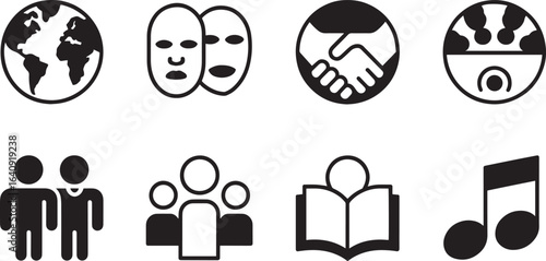 Global Community Icons Globe Masks Handshake People Book Note Teamwork Education