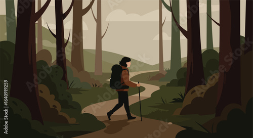 Hiker strides along a dirt path within a forest. Tall trees reach into muted sky