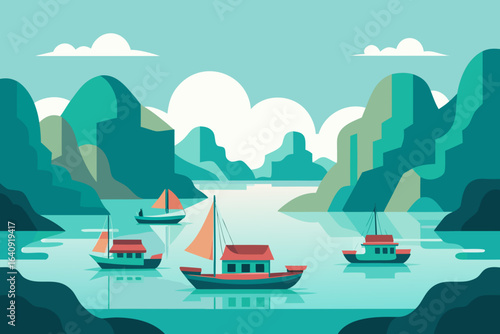 Vietnamese fishing boats sailing on calm turquoise water surrounded by limestone mountains and cloudy sky