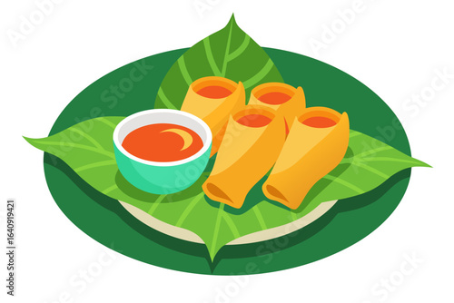 Vietnamese spring rolls served on green leaves with bowl of dipping sauce