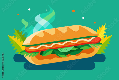 Steaming banh mi sandwich with fresh vegetables on bamboo table