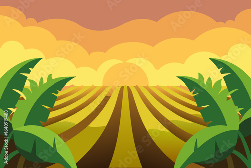 Banana plantation at sunset with rows of fields and tropical leaves in foreground
