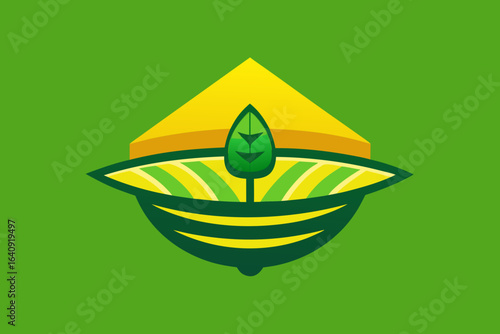 Vietnamese conical hat logo with leaf and farmland design on green background