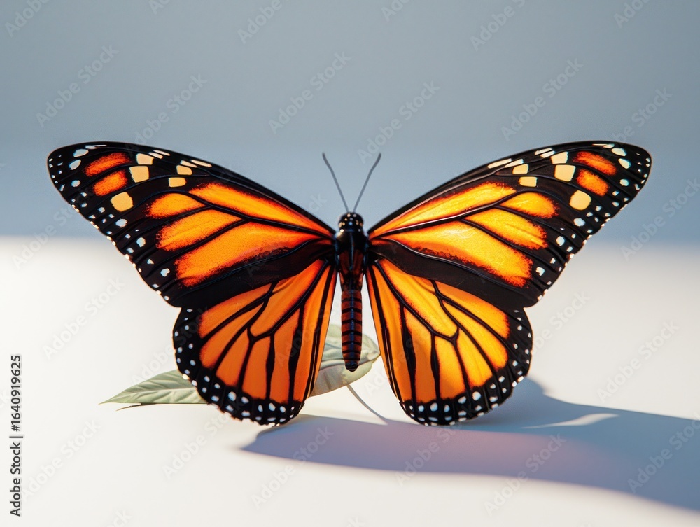 Obraz premium Vivid monarch butterfly with orange and black wings rests on a leaf