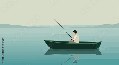 Fishing on calm water in a boat, a peaceful illustration