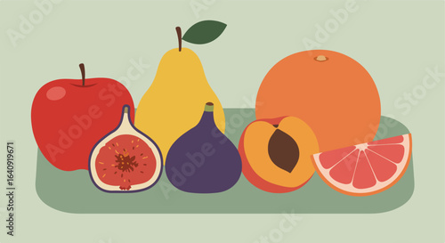 Stylish fruit arrangement featuring an apple, pear, figs, peach, orange and grapefruit