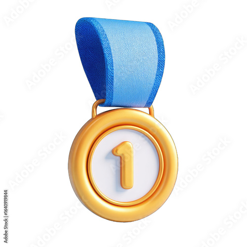 Gold medal with a blue ribbon and a white '1'