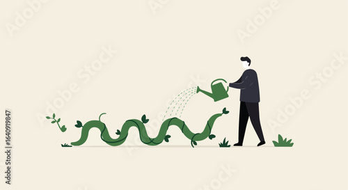 Man waters a growing vine with green watering can, on a beige background