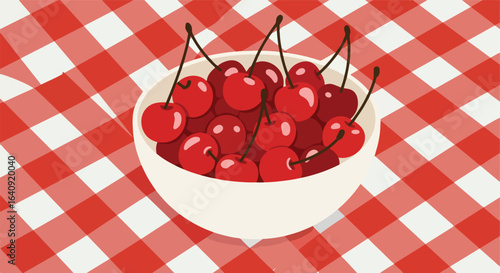 Bowl of Red Cherries on a Picnic Blanket, a white bowl filled with fresh, ripe cherries