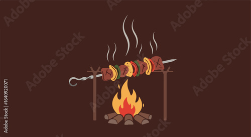 Skewer over fire Veggies and meat cook above an open flame on a skewer setup
