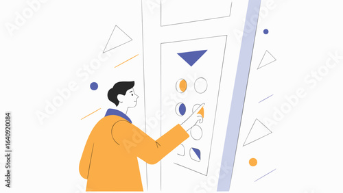 Man in orange jacket pressing an elevator button with geometric shapes in the background design element