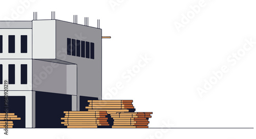 Incomplete structure with lumber, showing building under construction, unfinished