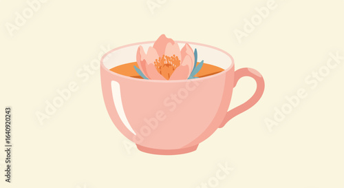 A pink cup filled with brown liquid and a peach-colored flower with green petals