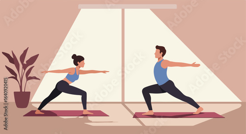 Yoga session, people in warrior pose. Indoors. Plant and light from a large window