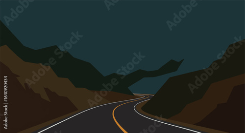 Winding road illustration through dark mountains under a dim sky in flat design