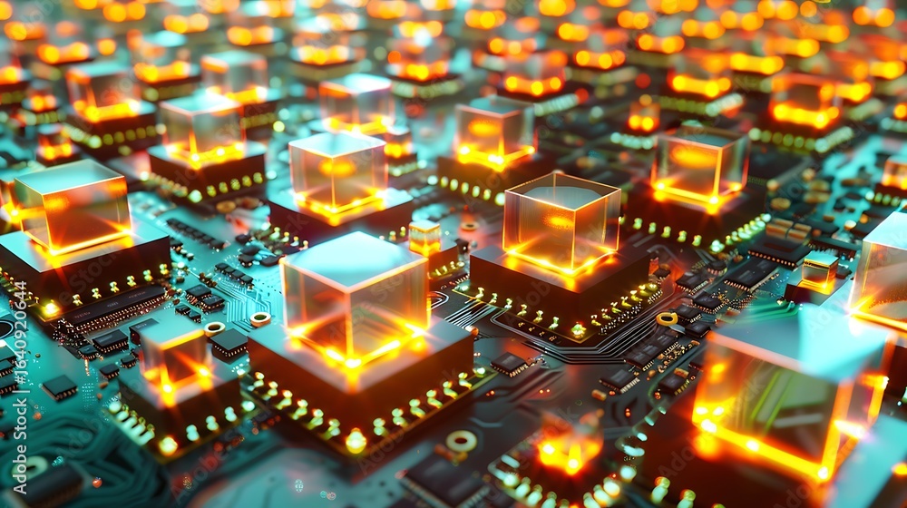 Obraz premium Big data structure displayed as a glowing digital city of 3D cubes, each pulsing with synchronized light across a motherboard floor .