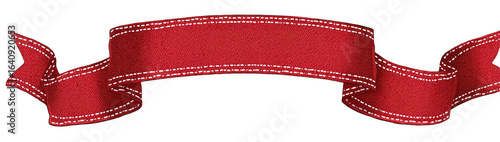 Red ribbon banner with decorative stitching