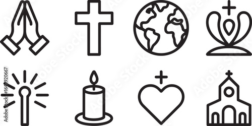 Religious Icons Praying Hands Cross Globe Crown Candle Light Church Faith Belief