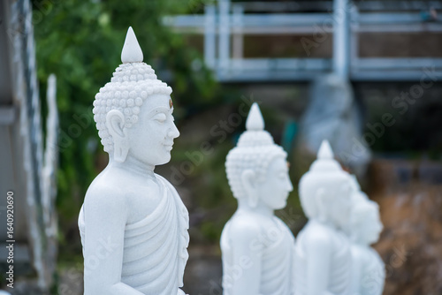 Canvas Print Close-up of serene white Buddha statues in a row with a blurred background at an