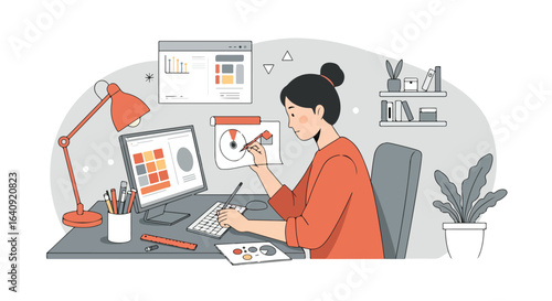 Woman designs at desk with computer, paper, lamp, data visualizations, pencils, & plants