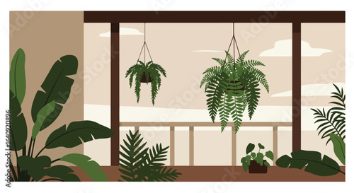 Lush indoor plants fill a window view, bringing nature inside a modern interior space