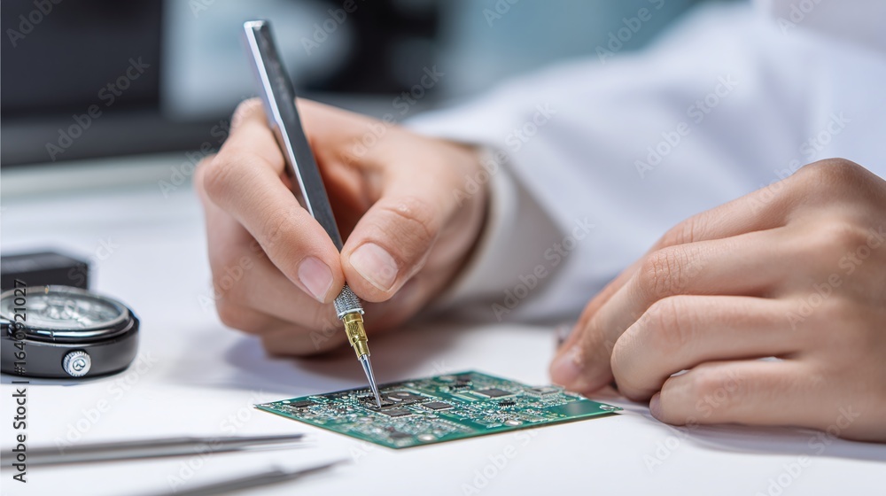 Naklejka premium Precision work on a circuit board with specialized tools for electronics assembly and repair, highlighting the intricate process of technology.