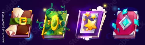 Magic book set for game interface - spellbooks with glowing gems, mystical enchanted pages and colorful covers by fantasy design, closed grimoires with scroll, stars, crystals and sparkles