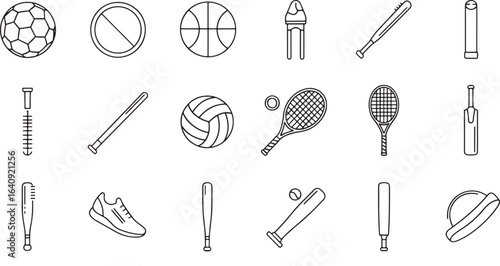 Line art icons representing various sports equipment and balls for different games  