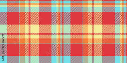 Vibrant summer plaid pattern in cheerful orange, yellow, and aqua tones.  Ideal for textile design, fashion, websites, or packaging.